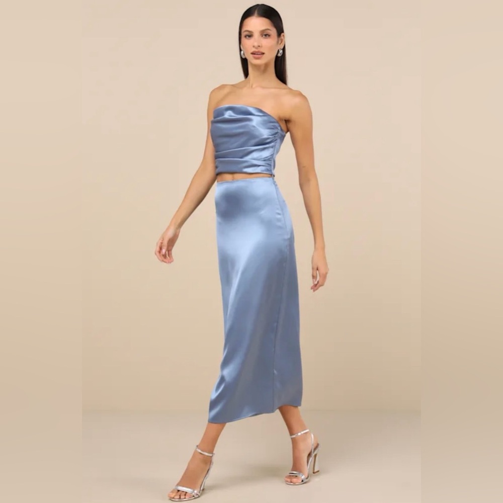NWT Lulus Blue Strapless Satin Two-Piece Skirt Set Medium - Picture 4 of 16